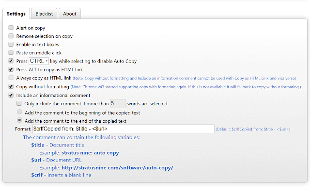 Giao diện các thiết lập của AutoCopy