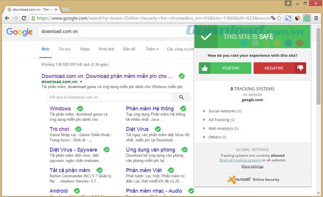Giao diện của Avast Online Security 