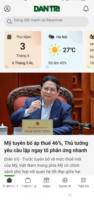 Giao diện chính của Báo Dân trí