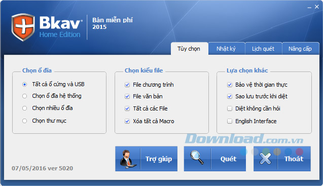 Giao diện chính của phần mềm diệt virus Bkav Home