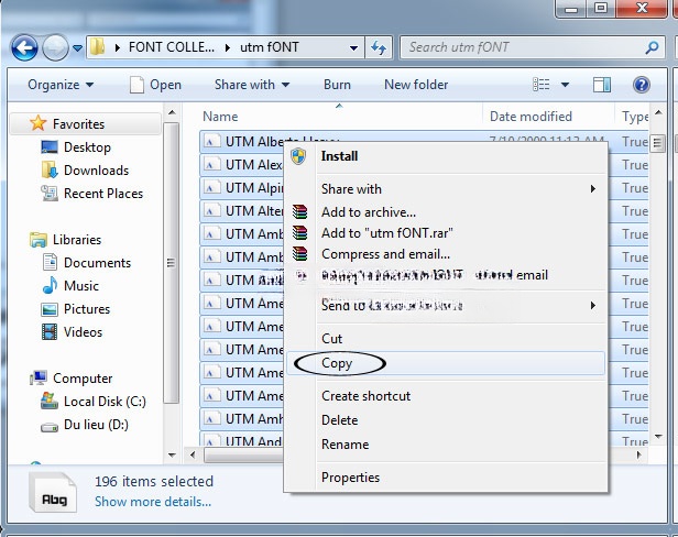 Copy toàn bộ font chữ UTM sang thư mục Font