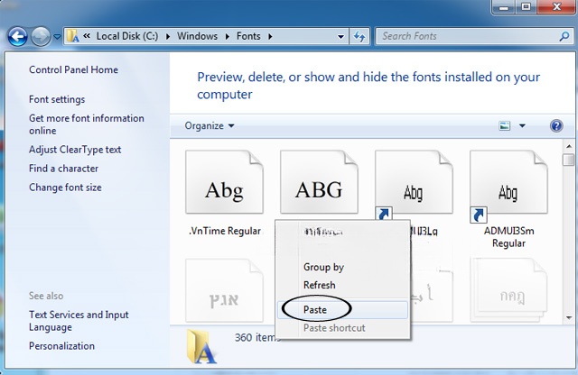 Paste font chữ UTM vào thư mục Font