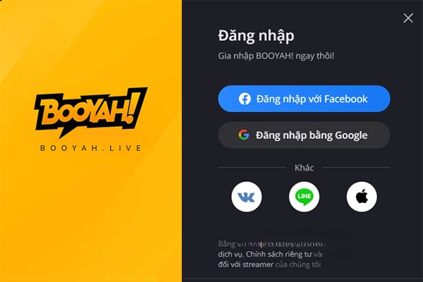 Đăng nhập BooYah thông qua tài khoản Facebook, Google, VK, LINE hoặc Apple ID