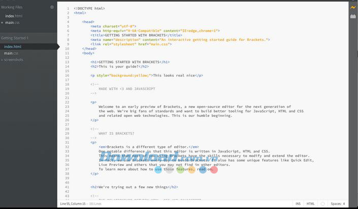 Gao diện làm việc của Brackets