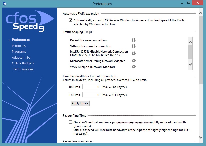 Settings của cFosSpeed 9.04