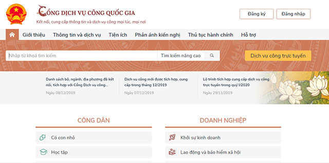 Giao diện chính tra cứu thủ tục hành chính