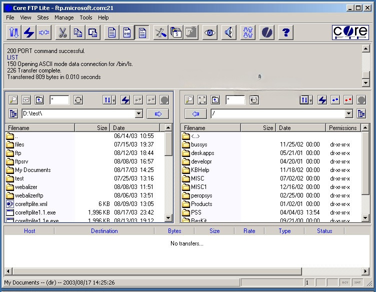 Core FTP LE tương thích với nhiều phiên bản Windows Giao diện làm việc chính của Core FTP LE