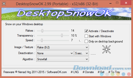 Giao diện chính của DesktopSnowOK