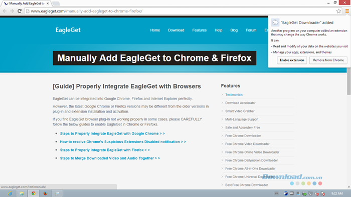 Kích hoạt tiện ích mở rộng trên trình duyệt EagleGet