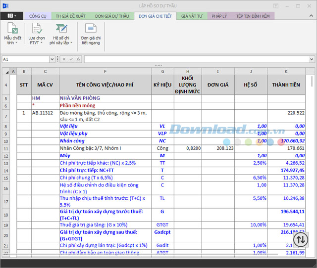 Bảng chiết tính dự thầu và đơn giá dự thầu Phần mềm dự toán Escon