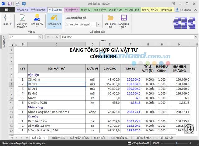 Mục giá vật tư Phần mềm dự toán Escon