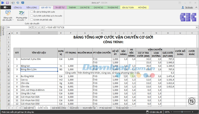 Mục cước vận chuyển Phần mềm dự toán Escon
