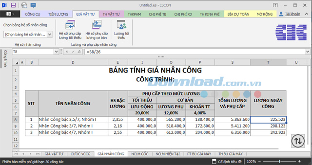 Mục nhân công Phần mềm dự toán Escon