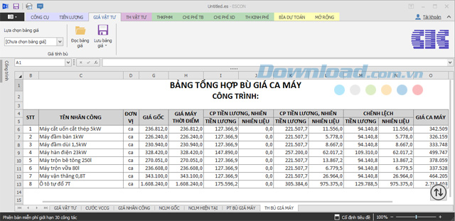 Mục giá máy Phần mềm dự toán Escon