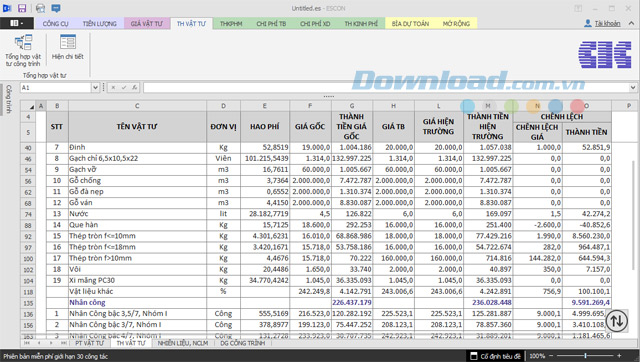 Mục tổng hợp vật tư Phần mềm dự toán Escon
