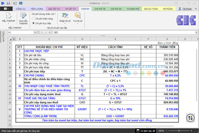 Bảng tổng hợp kinh phí hạng mục Phần mềm dự toán Escon