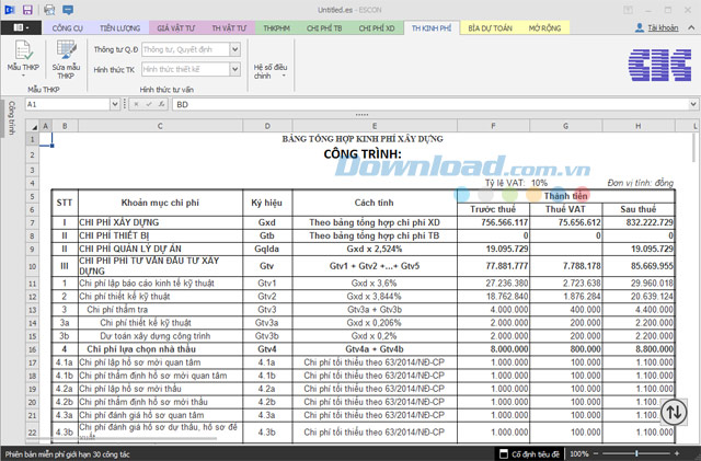 Bảng Tổng hợp kinh phí Phần mềm dự toán Escon