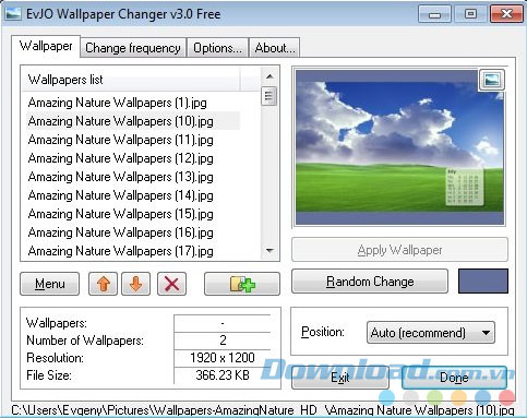 Giao diện phần mềm EvJO Wallpaper Changer