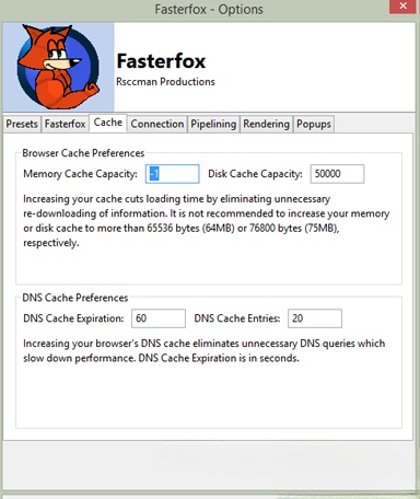 Tùy chọn Cache của Fasterfox Tùy chọn Cache của Fasterfox