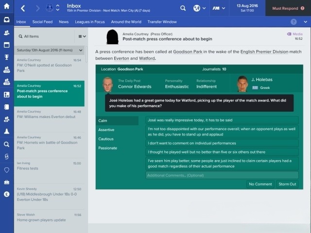 Xem hộp thư có nội dung liên quan đến trận đấu trong game quản lý bóng đá Football Manager 2017 