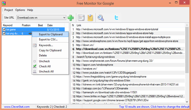 Xuất kết quả thứ hạng từ khóa 