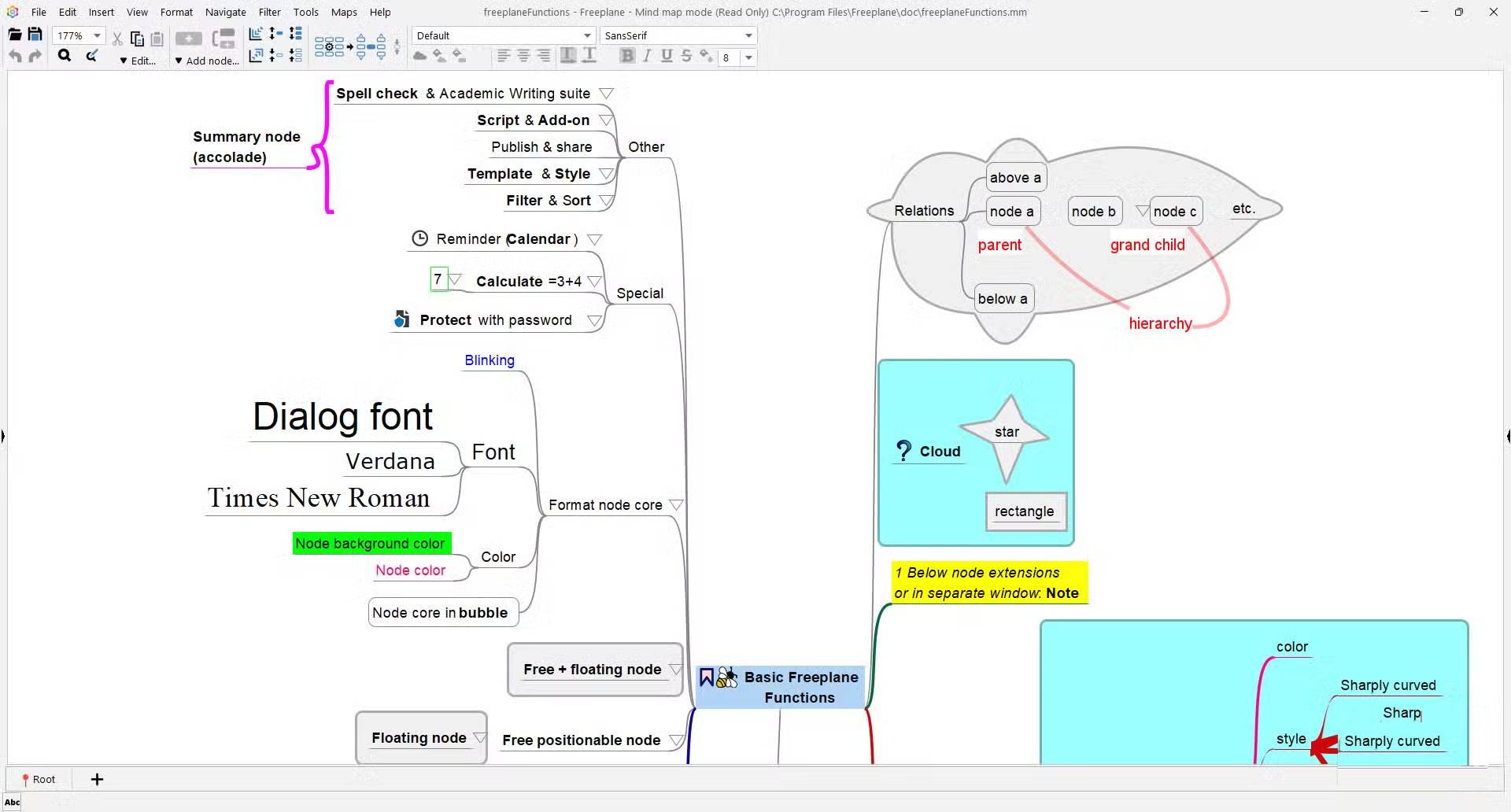Thanh tiêu đề Freeplane với các công cụ