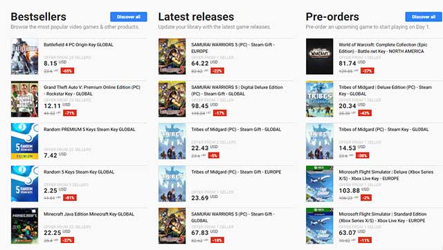 Bạn có thể tìm thấy các sản phẩm như key game, game digital, vật phẩm và DLC