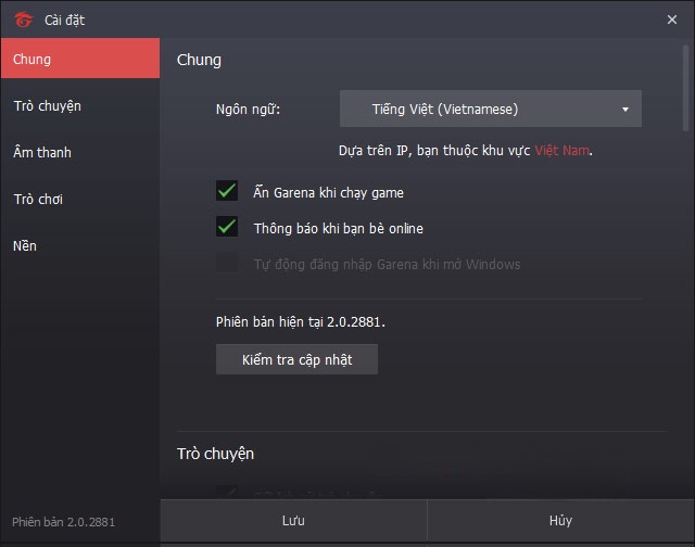  Garena 2.0 cung cấp khá nhiều tùy chọn cấu hình hệ thống.