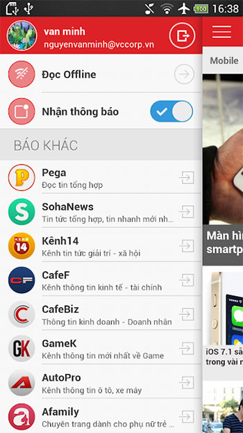Các mục menu trong GenK