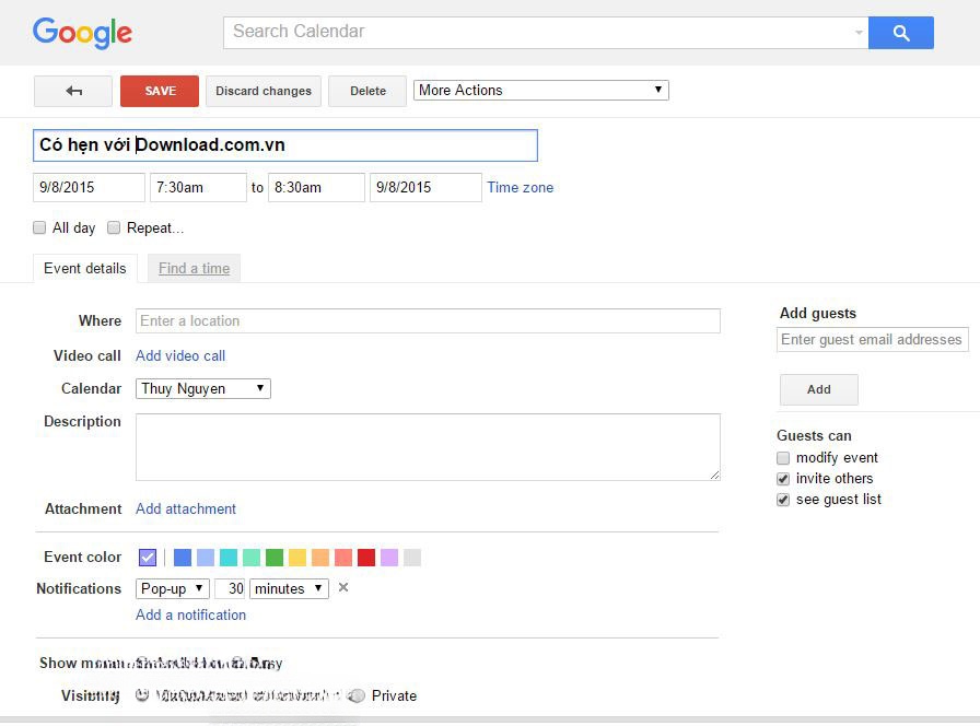 Thêm sự kiện mới với Google Calendar