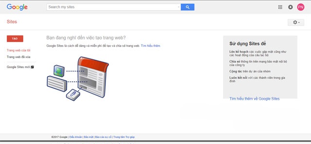 Giao diện chính của trang tạo website miễn phí Google Sites Online