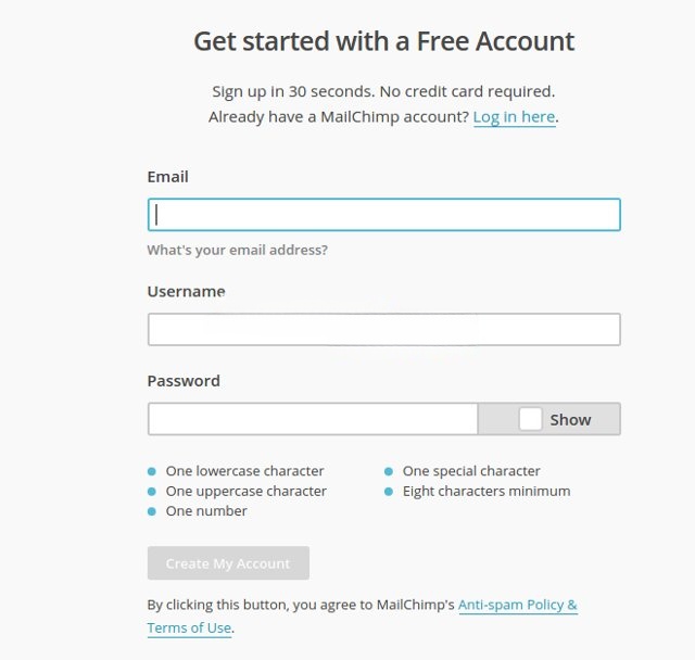 Giao diện đăng ký tài khoản MailChimp Giao diện đăng ký tài khoản MailChimp