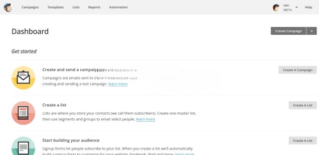 Giao diện dashboard của MailChimp Giao diện dashboard của MailChimp