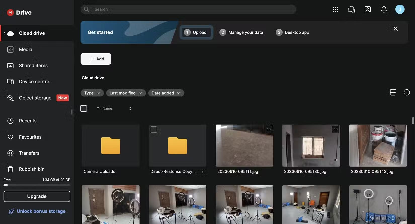 Giao diện web Mega hiển thị các file đã upload