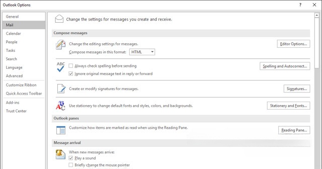 Danh sách một số tùy chọn trong ứng dụng Outlook cho máy tính