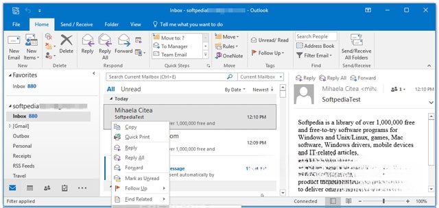 Giao diện chính của ứng dụng Outlook cho máy tính