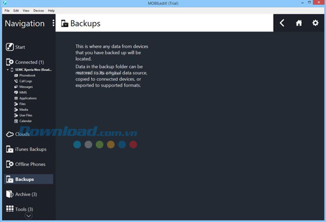 Tính năng sao lưu của MOBILedit