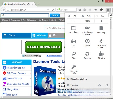 Menu của Mozilla Firefox tiếng Việt