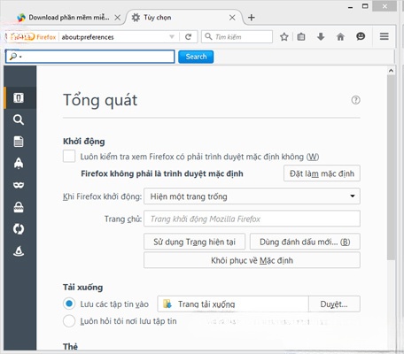 Các tùy chọn của Mozilla Firefox tiếng Việt