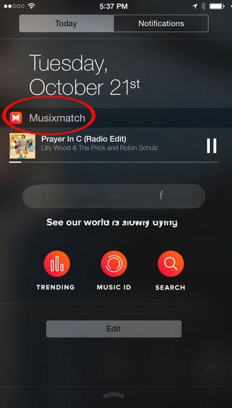 Cài đặt widget trong trung tâm thông báo Musicmatch cho iOS