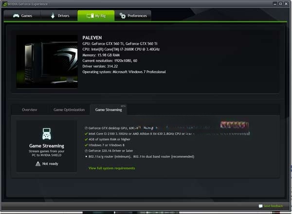 Giao diện chính NVIDIA GeForce Experience