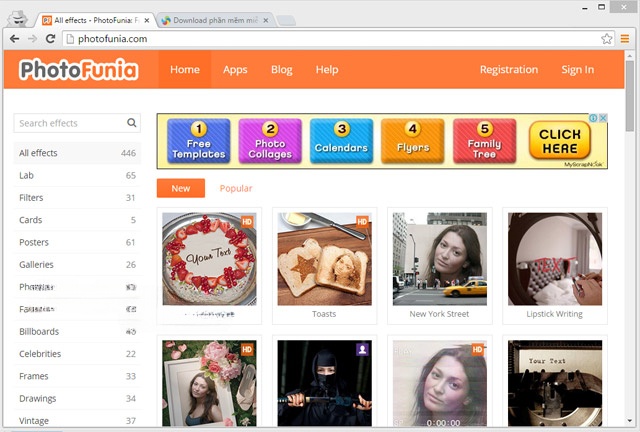 Giao diện trang chủ PhotoFunia