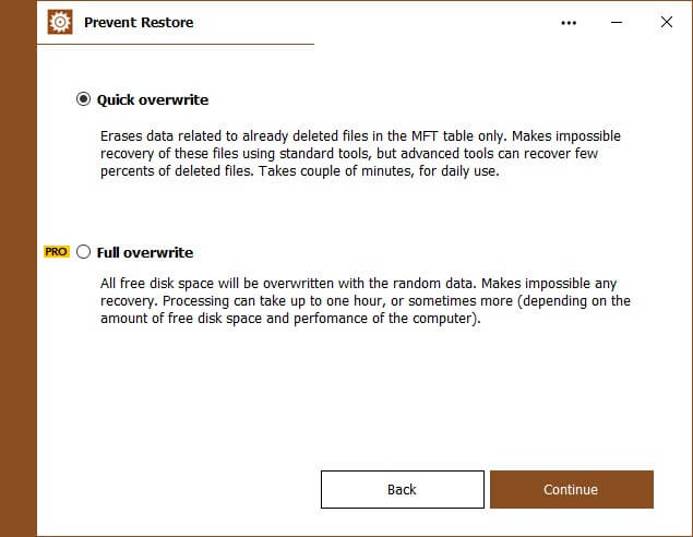 Chức năng ghi đè dữ liệu nhanh của Prevent Restore