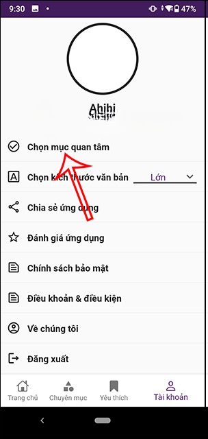 Chọn mục quan tâm trên app QuanTriMang.com