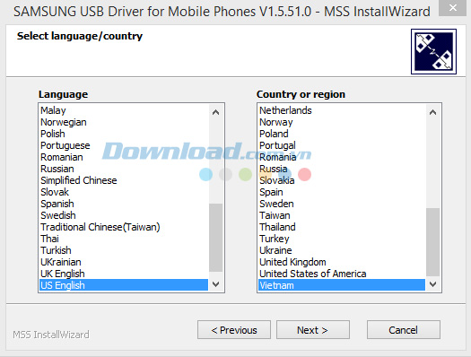 Lựa chọn ngôn ngữ và quốc gia