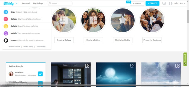 Giao diện chính của ứng dụng web chia sẻ video và ảnh Slidely