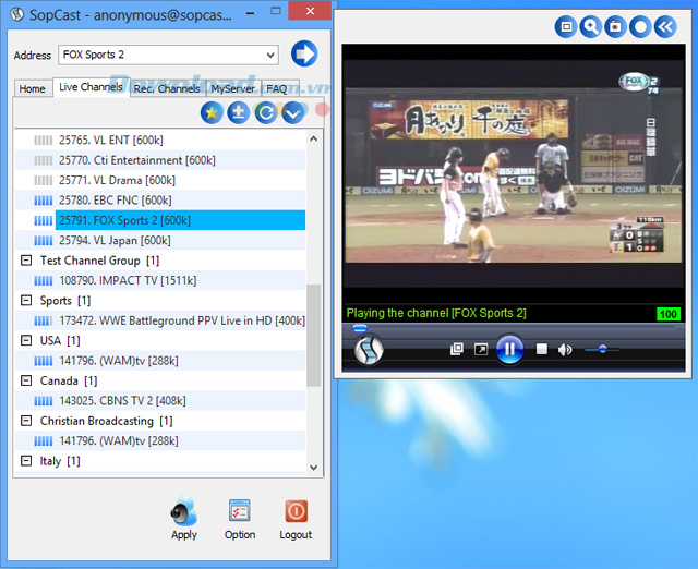 Giao diện của SopCast khi xem tivi, xem bóng đá trực tuyến