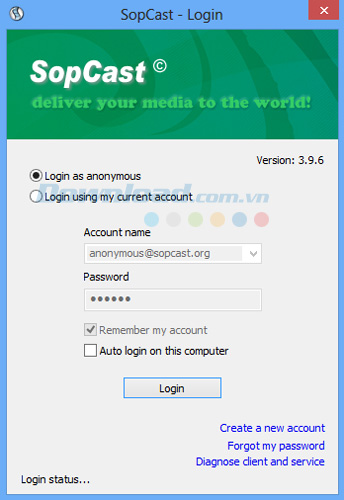 Đăng nhập bằng tài khoản trên SopCast