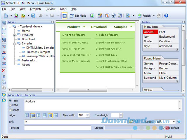 Giao diện phần mềm Sothink DHTML Menu