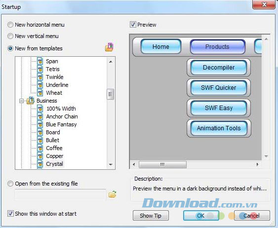 Chọn menu mẫu của phần mềm